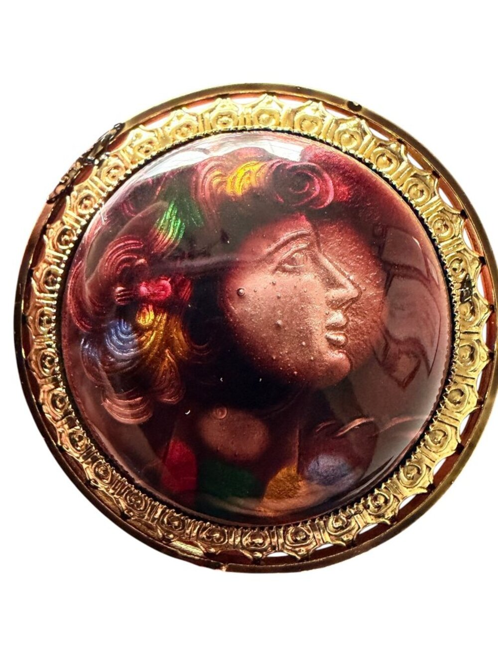 Vintage 1950s Reverse Carved Lucite Renaissance Lady Brooch New Old Stock
